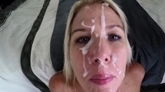 Amateur blonde blowjob and big messy facial on face